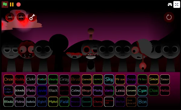 Character roster at the bottom of Sprunki Cruel Lovers Remastered ready for drag and drop